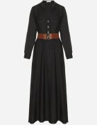 rosa Rochie Neagră Evazată Tip cămașă cu curea și elastic în talie Zinavie