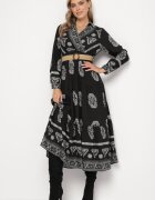 rosa Rochie Neagră Petrecută Cloș cu Viscoză cu model Etnic cu Cordon Mirizia