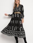 rosa Rochie Neagră Petrecută Cloș cu Viscoză cu model Etnic cu Cordon Mirizia