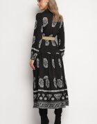 rosa Rochie Neagră Petrecută Cloș cu Viscoză cu model Etnic cu Cordon Mirizia