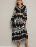 rosa Rochie neagră petrecută din viscoză cu model oriental cu centură și elastic în talie Sagizia
