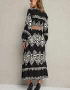 rosa Rochie neagră petrecută din viscoză cu model oriental cu centură și elastic în talie Sagizia