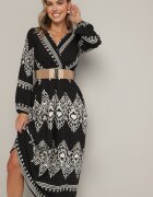 rosa Rochie neagră petrecută din viscoză cu model oriental cu centură și elastic în talie Sagizia