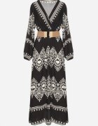 rosa Rochie neagră petrecută din viscoză cu model oriental cu centură și elastic în talie Sagizia
