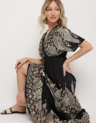 rosa Rochie Neagră Petrecută din Viscoză Decorată cu Franjuri Redare