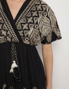 rosa Rochie Neagră Petrecută din Viscoză Decorată cu Franjuri Redare