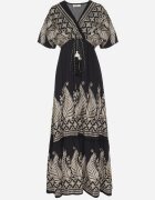 rosa Rochie Neagră Petrecută din Viscoză Decorată cu Franjuri Redare
