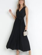 rosa Rochie Neagră Plisată Maxi cu elastic în talie și curea din material Biak