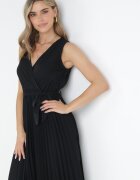 rosa Rochie Neagră Plisată Maxi cu elastic în talie și curea din material Biak
