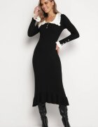 rosa Rochie Neagră Reiată Midi cu guler cu nasturi și volan Prestaria