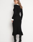 rosa Rochie Neagră Reiată Midi cu guler cu nasturi și volan Prestaria