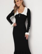 rosa Rochie Neagră Reiată Midi cu guler cu nasturi și volan Prestaria