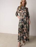 rosa Rochie Negru-Bej Stil Cămașă Florală din Viscoză Decorată cu Nasturi Enanoris