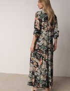 rosa Rochie Negru-Bej Stil Cămașă Florală din Viscoză Decorată cu Nasturi Enanoris