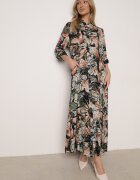 rosa Rochie Negru-Bej Stil Cămașă Florală din Viscoză Decorată cu Nasturi Enanoris