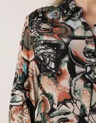 rosa Rochie Negru-Bej Stil Cămașă Florală din Viscoză Decorată cu Nasturi Enanoris