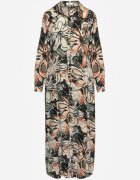 rosa Rochie Negru-Bej Stil Cămașă Florală din Viscoză Decorată cu Nasturi Enanoris