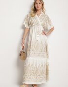 rosa Rochie petrecută albă din viscoză decorată cu franjuri și broderie metalică Redeirae