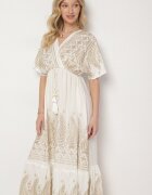 rosa Rochie petrecută albă din viscoză decorată cu franjuri și broderie metalică Redeirae