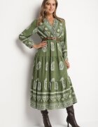 rosa Rochie petrecută cloș verde cu vâscoză cu model etnic cu curea Mirizia