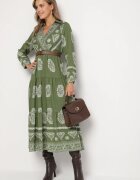 rosa Rochie petrecută cloș verde cu vâscoză cu model etnic cu curea Mirizia