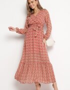 rosa Rochie Petrecută Roșu-Roz cu Volan și Cordon Luftare