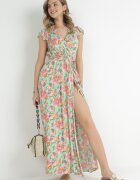 rosa Rochie petrecută verde deschis cu elastic în talie cu imprimeu floral Pive