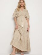 rosa Rochie Plic Bej din Viscoză Decorată cu Franjuri și Broderie Metalică Redeirae
