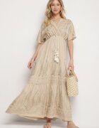 rosa Rochie Plic Bej din Viscoză Decorată cu Franjuri și Broderie Metalică Redeirae