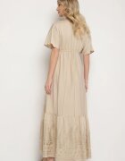 rosa Rochie Plic Bej din Viscoză Decorată cu Franjuri și Broderie Metalică Redeirae