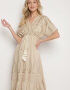 rosa Rochie Plic Bej din Viscoză Decorată cu Franjuri și Broderie Metalică Redeirae