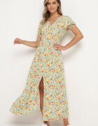 rosa Rochie Portocalie-Albastră Cloș din Viscoză cu Elastic în Talie și Crăpătură pe Picior Missani