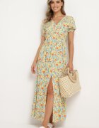 rosa Rochie Portocalie-Albastră Cloș din Viscoză cu Elastic în Talie și Crăpătură pe Picior Missani