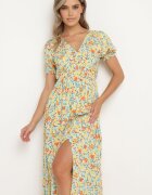 rosa Rochie Portocalie-Albastră Cloș din Viscoză cu Elastic în Talie și Crăpătură pe Picior Missani