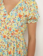 rosa Rochie Portocalie-Albastră Cloș din Viscoză cu Elastic în Talie și Crăpătură pe Picior Missani