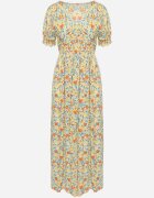 rosa Rochie Portocalie-Albastră Cloș din Viscoză cu Elastic în Talie și Crăpătură pe Picior Missani