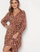 rosa Rochie Portocalie cu Decolteu în Plic și Imprimeu Leopard Conneie