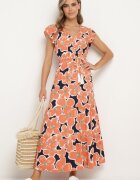 rosa Rochie Portocalie din Viscoză cu Flori cu Elastic în Talie cu Curea Decorativă Vikellie