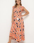 rosa Rochie Portocalie din Viscoză cu Flori cu Elastic în Talie cu Curea Decorativă Vikellie