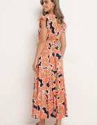 rosa Rochie Portocalie din Viscoză cu Flori cu Elastic în Talie cu Curea Decorativă Vikellie