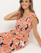 rosa Rochie Portocalie din Viscoză cu Flori cu Elastic în Talie cu Curea Decorativă Vikellie