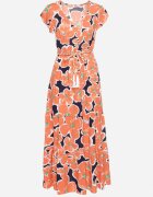 rosa Rochie Portocalie din Viscoză cu Flori cu Elastic în Talie cu Curea Decorativă Vikellie