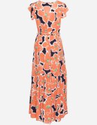 rosa Rochie Portocalie din Viscoză cu Flori cu Elastic în Talie cu Curea Decorativă Vikellie