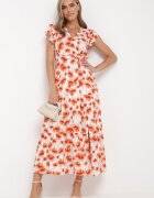 rosa Rochie portocalie din Viscoză Maxi cu Decolteu Petrecut Elastic în Talie și Volane Ayzley