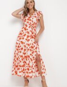 rosa Rochie portocalie din Viscoză Maxi cu Decolteu Petrecut Elastic în Talie și Volane Ayzley