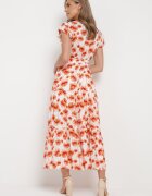 rosa Rochie portocalie din Viscoză Maxi cu Decolteu Petrecut Elastic în Talie și Volane Ayzley
