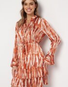 rosa Rochie Portocalie Mini Decorată cu Volane și Model Acuarelă Panava
