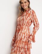 rosa Rochie Portocalie Mini Decorată cu Volane și Model Acuarelă Panava