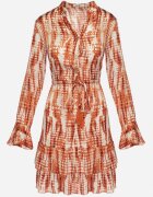 rosa Rochie Portocalie Mini Decorată cu Volane și Model Acuarelă Panava