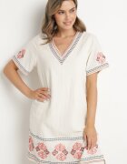 rosa Rochie Roșie de Bumbac cu Croială Dreaptă Decorată cu Broderii Tirkio